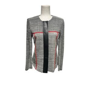 Ming Wang Gray Knit Career Full Zip Sweater Jacket Faux Leather Small